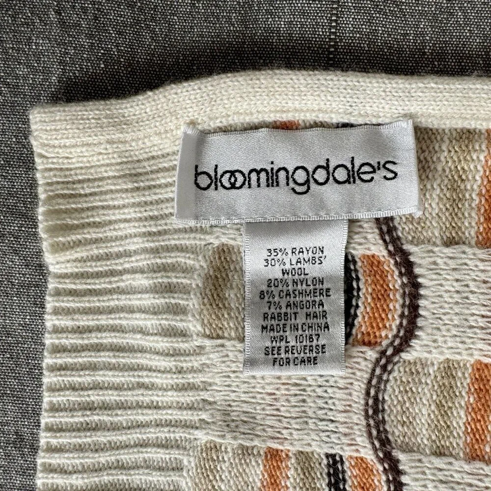 Bloomingdale's Wool Cashmere Angora Blend Ivory Brown Orange Stripe Long‎ Scarf